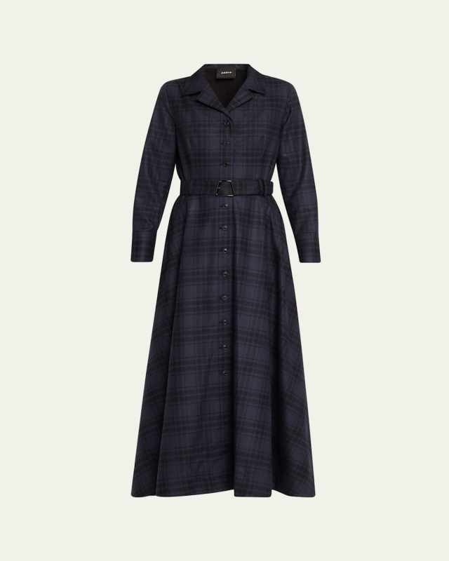 Flannel Plaid Belted Long-Sleeve Maxi Shirtdress
